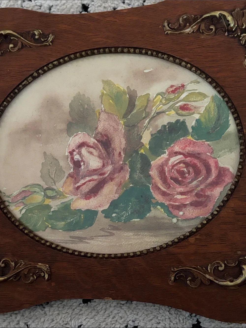 Vintage Floral Rose oil painting with ornate carved wood , signed